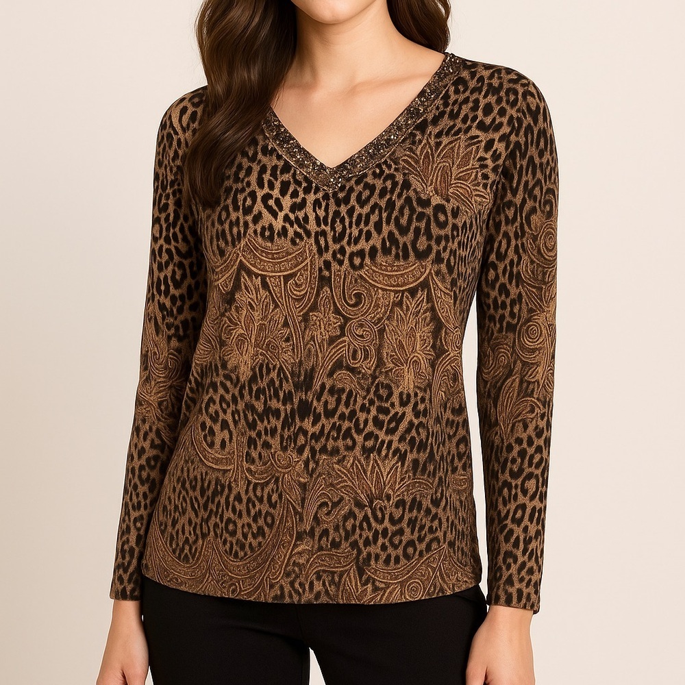 Damee Inc embellished knit top animal print 3/4 sleeves Size xl